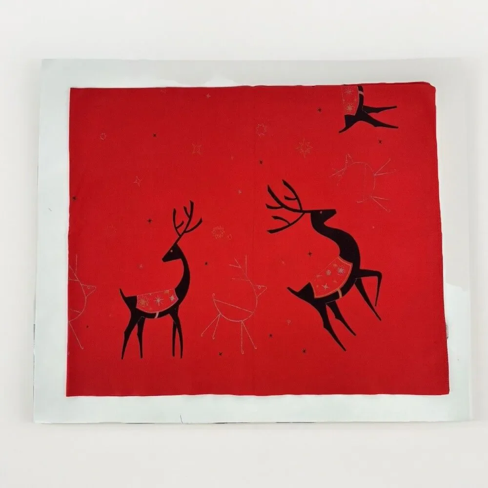California Hand Prints 50/60s Red Christmas Tablecloth Atomic Reindeer 52x64 MCM